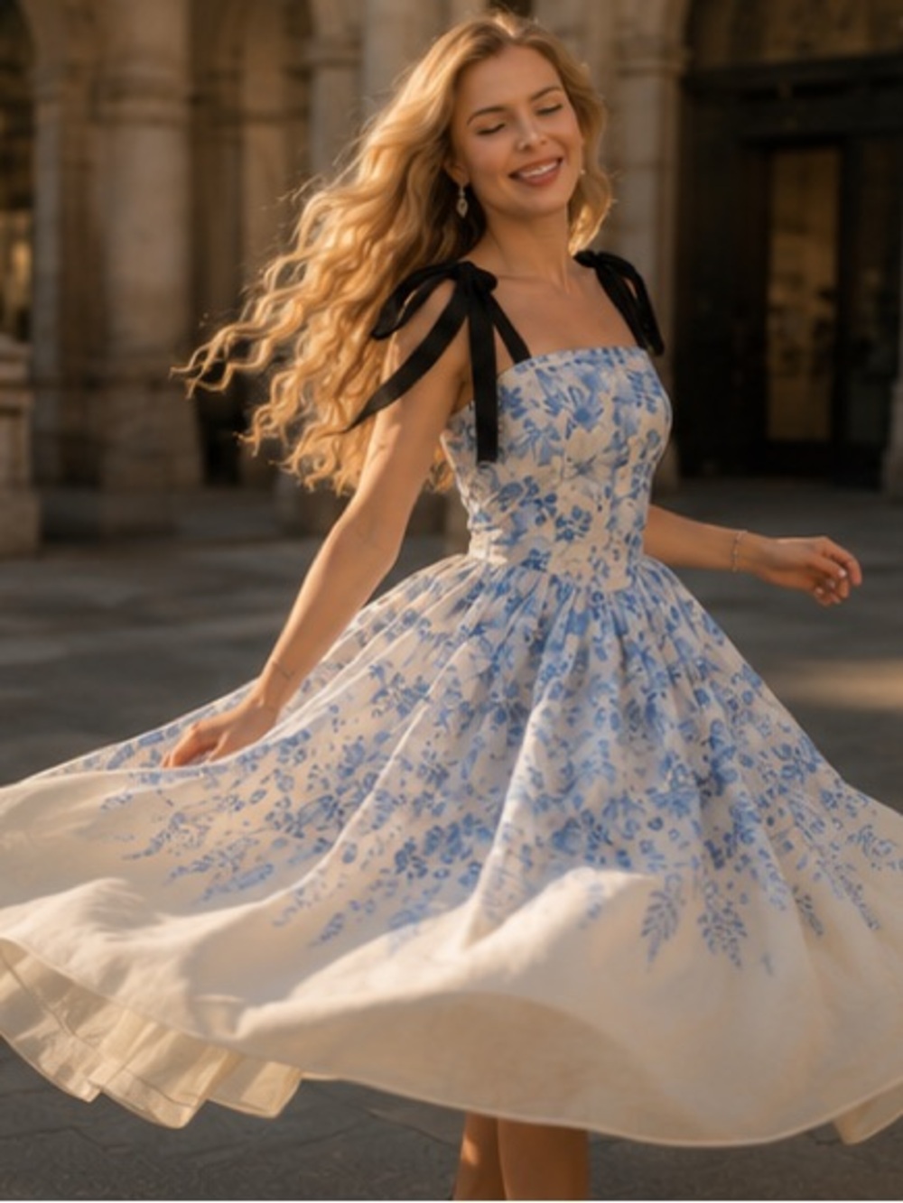 Floral Blue & White Tie-Shoulder Midi Dress - Picture 3 of 13